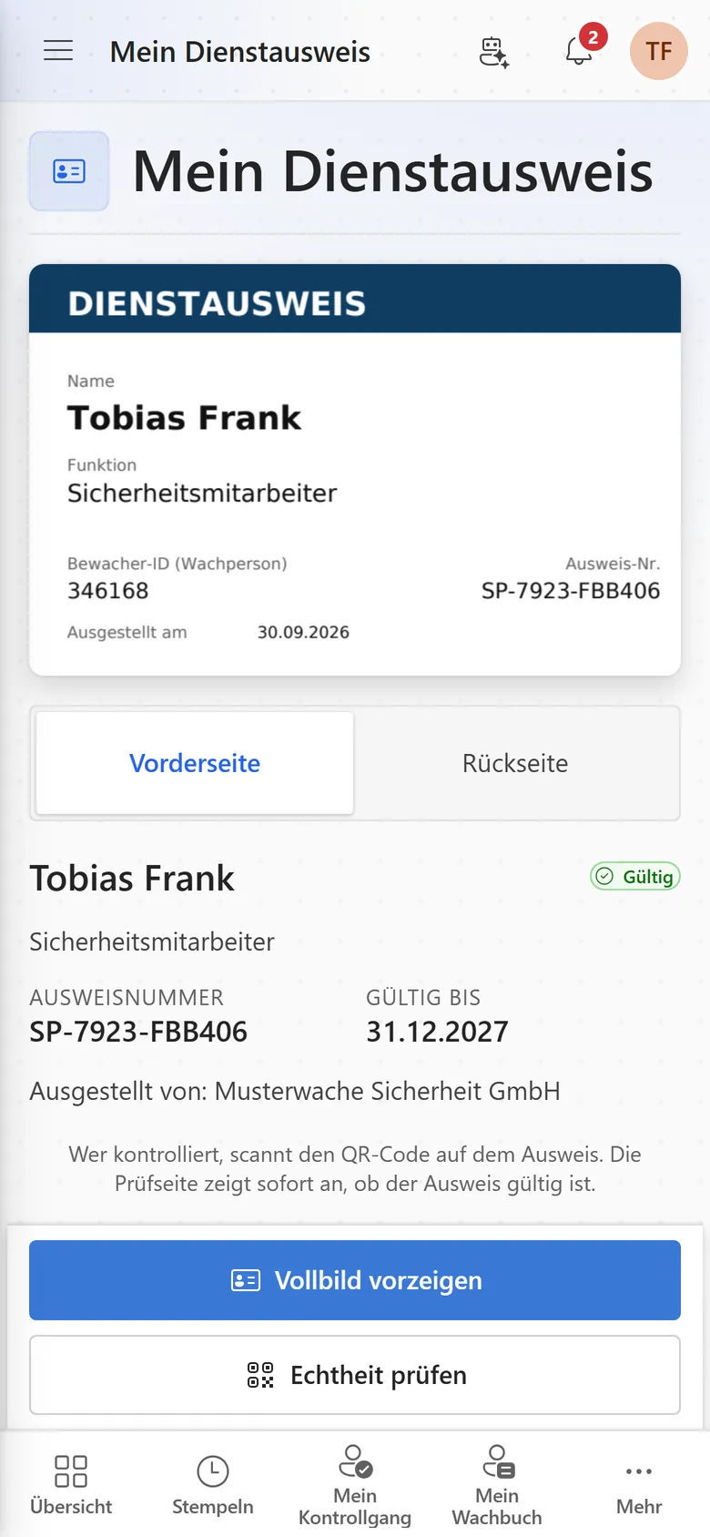 Handy-Ansicht „Mein Dienstausweis“ von Tobias Frank mit Ausweisvorderseite, Status „Gültig“, Ausweisnummer, Gültig bis 31.12.2027 und den Knöpfen „Vollbild vorzeigen“ und „Echtheit prüfen“.