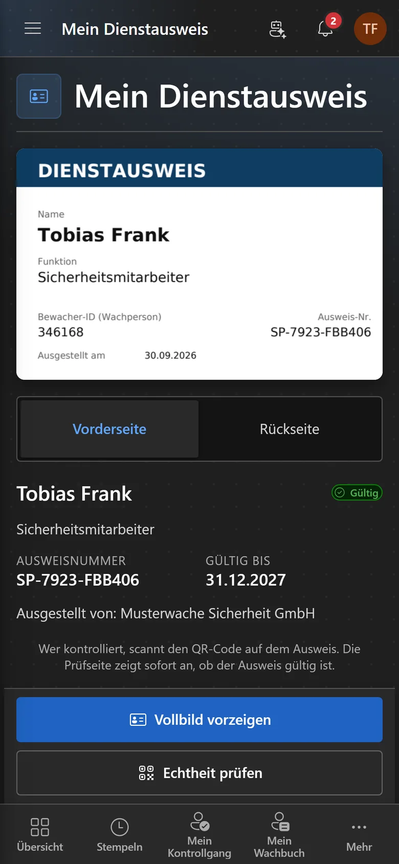 Handy-Ansicht „Mein Dienstausweis“ von Tobias Frank mit Ausweisvorderseite, Status „Gültig“, Ausweisnummer, Gültig bis 31.12.2027 und den Knöpfen „Vollbild vorzeigen“ und „Echtheit prüfen“.
