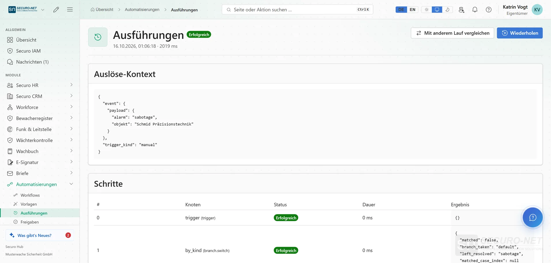 Detail einer Ausführung mit Auslöse-Kontext und der Liste der Schritte samt Status und Dauer.