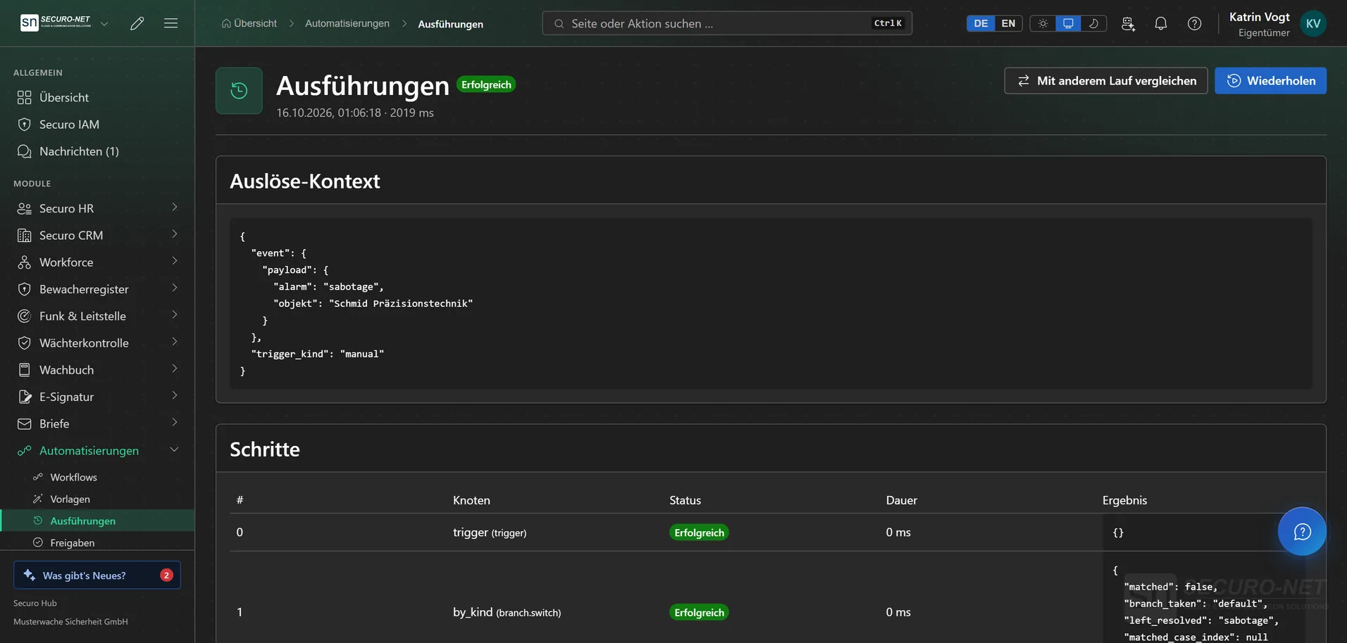 Detail einer Ausführung mit Auslöse-Kontext und der Liste der Schritte samt Status und Dauer.