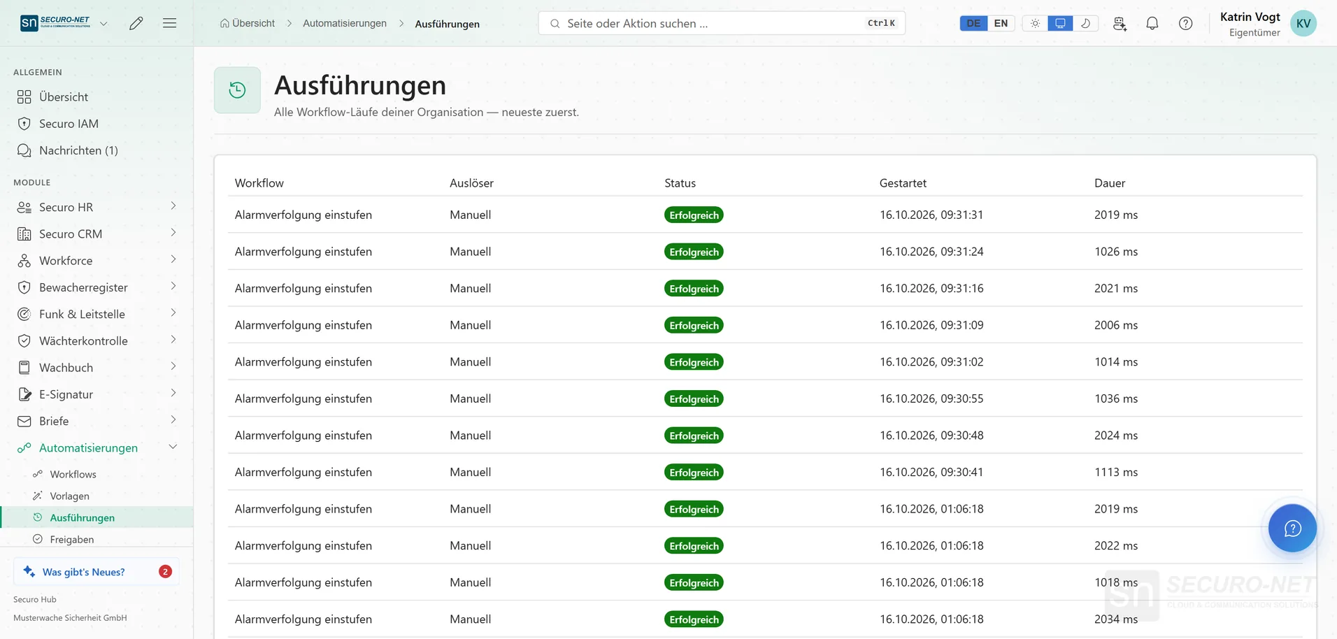 Liste der Workflow-Ausführungen mit Status, Startzeit und Dauer.