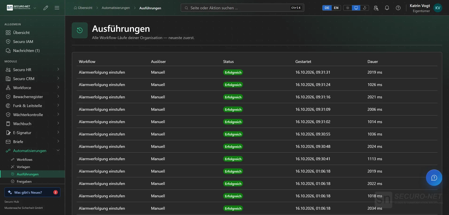 Liste der Workflow-Ausführungen mit Status, Startzeit und Dauer.