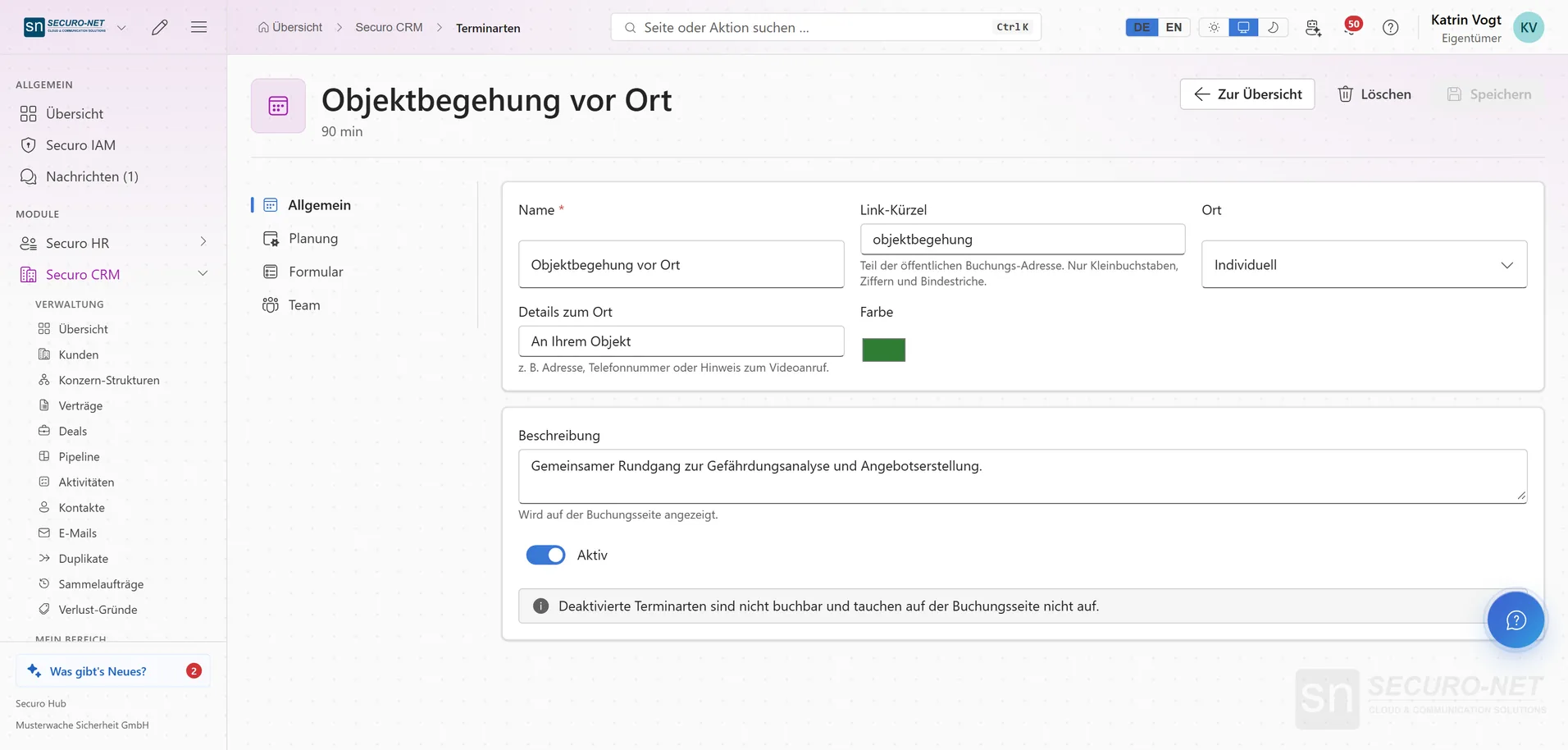 Bearbeitungsseite der Terminart „Objektbegehung vor Ort“ mit Name, Link-Kürzel, Ort, Farbe und Beschreibung, links die Reiter Allgemein, Planung, Formular und Team.