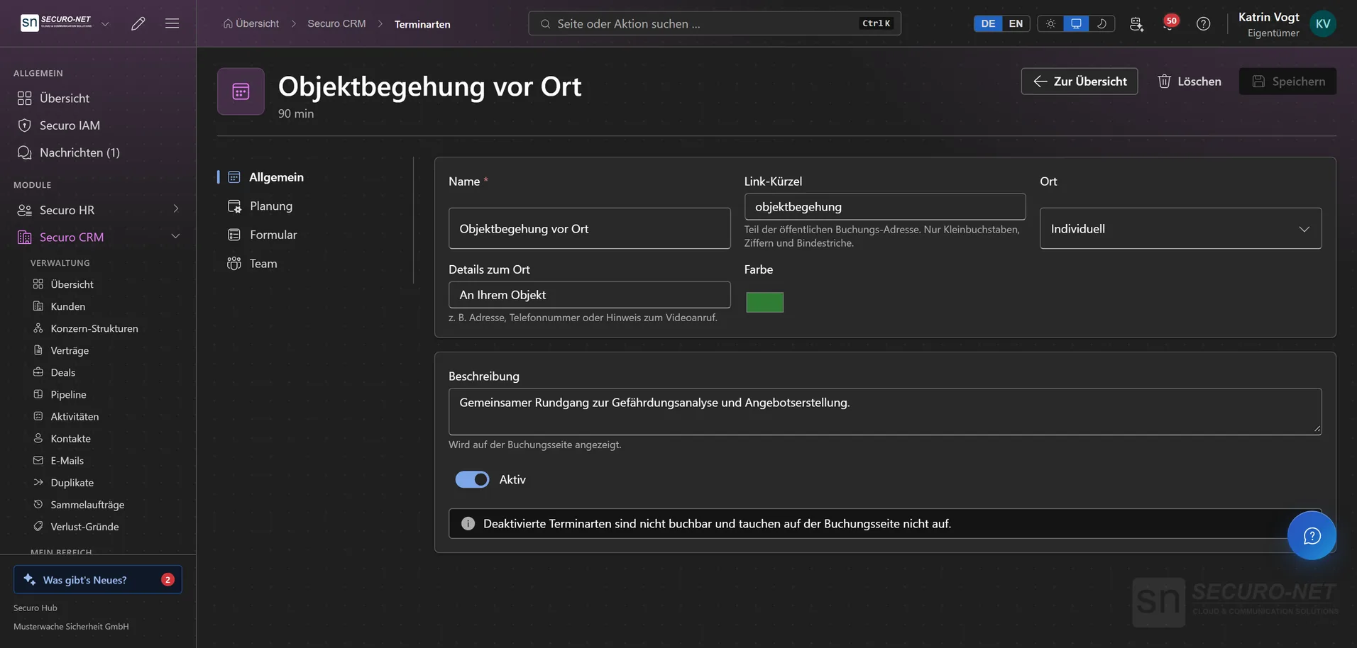 Bearbeitungsseite der Terminart „Objektbegehung vor Ort“ mit Name, Link-Kürzel, Ort, Farbe und Beschreibung, links die Reiter Allgemein, Planung, Formular und Team.