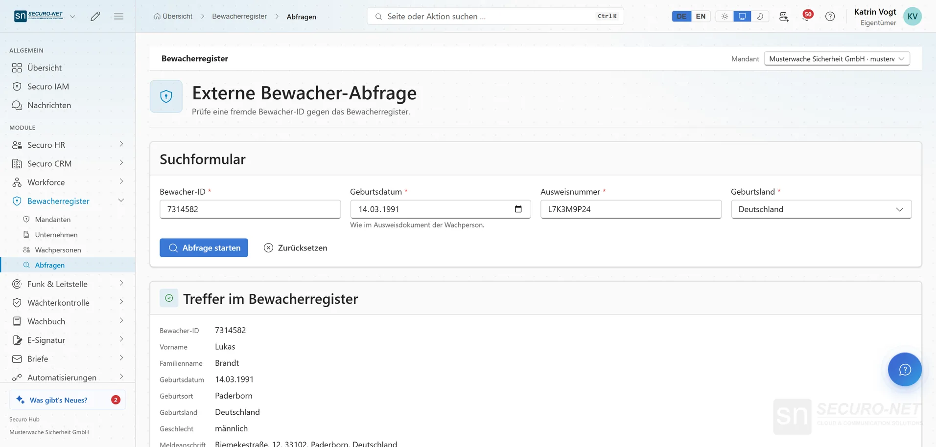 Seite „Externe Bewacher-Abfrage“ mit ausgefülltem Suchformular und dem Ergebnis „Treffer im Bewacherregister“ mit Bewacher-ID, Name, Geburtsdaten und Meldeanschrift.