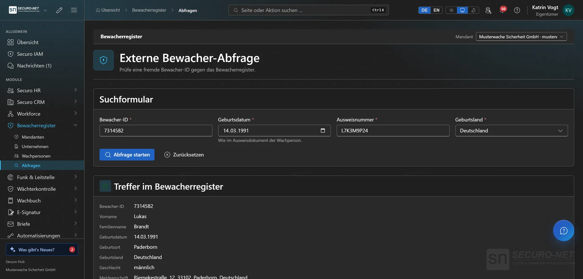 Seite „Externe Bewacher-Abfrage“ mit ausgefülltem Suchformular und dem Ergebnis „Treffer im Bewacherregister“ mit Bewacher-ID, Name, Geburtsdaten und Meldeanschrift.