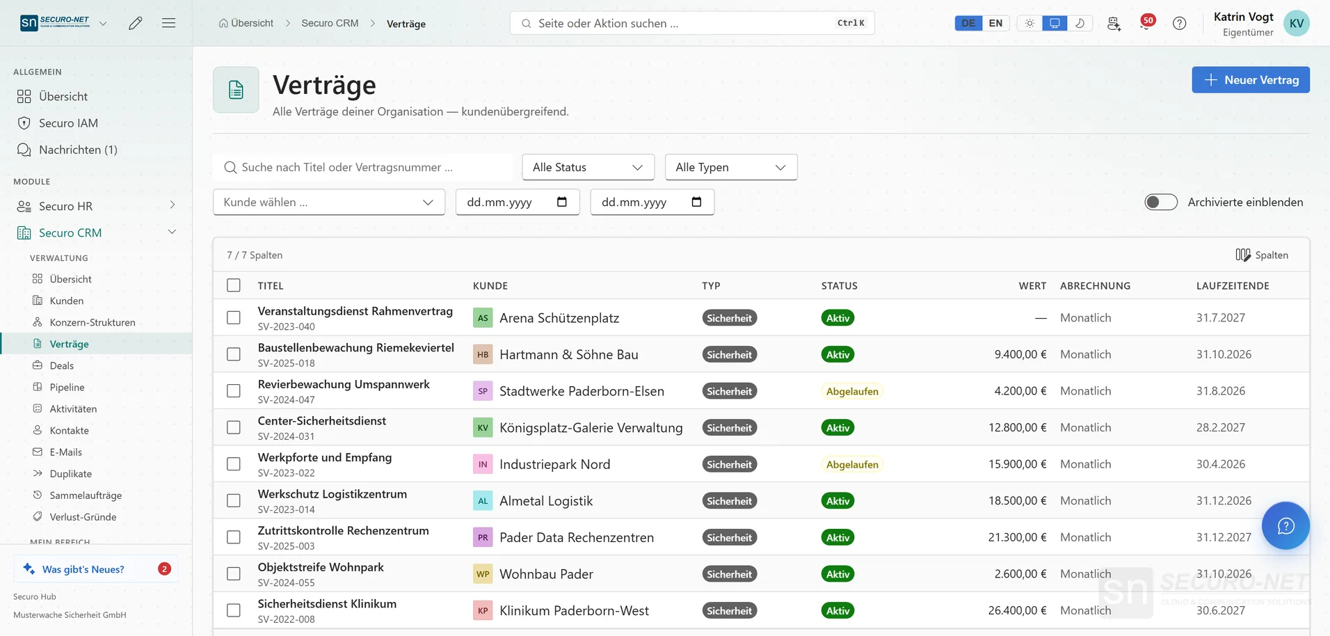 Vertragsliste mit Titel, Kunde, Typ, Status, Wert, Abrechnung und Laufzeitende.
