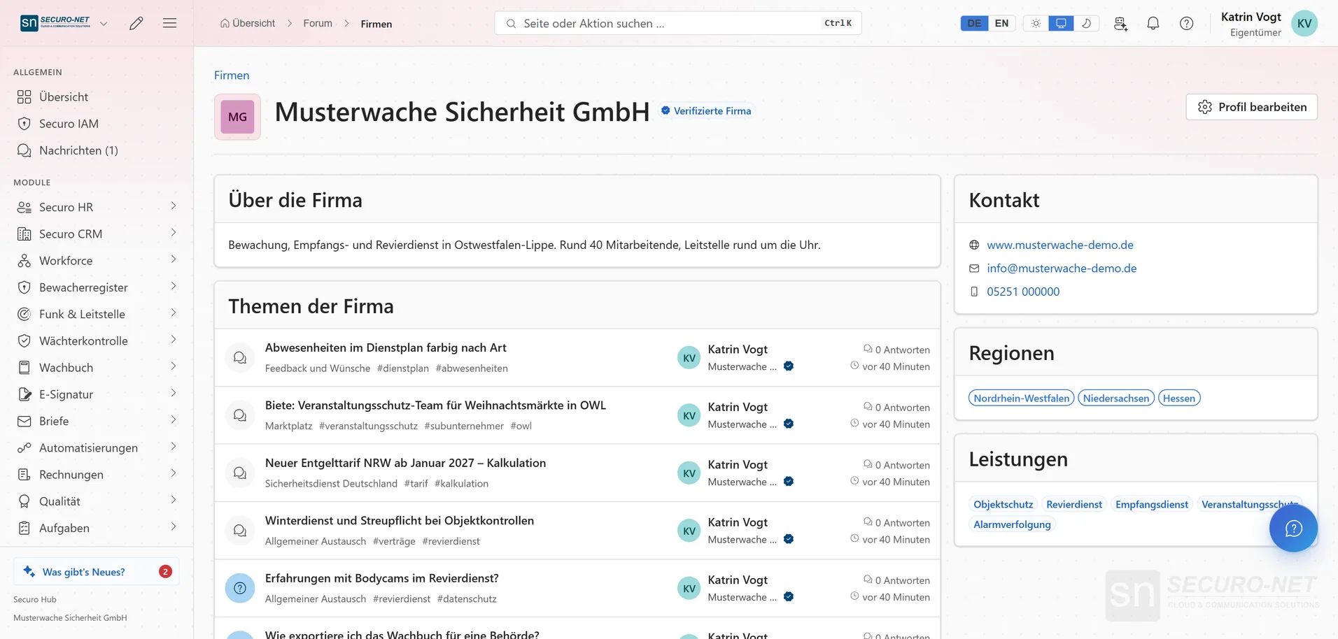 Firmenprofil der Musterwache Sicherheit GmbH mit Beschreibung, Kontakt, Regionen, Leistungen und eigenen Themen.