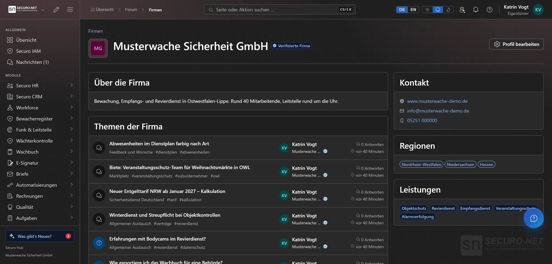 Firmenprofil der Musterwache Sicherheit GmbH mit Beschreibung, Kontakt, Regionen, Leistungen und eigenen Themen.