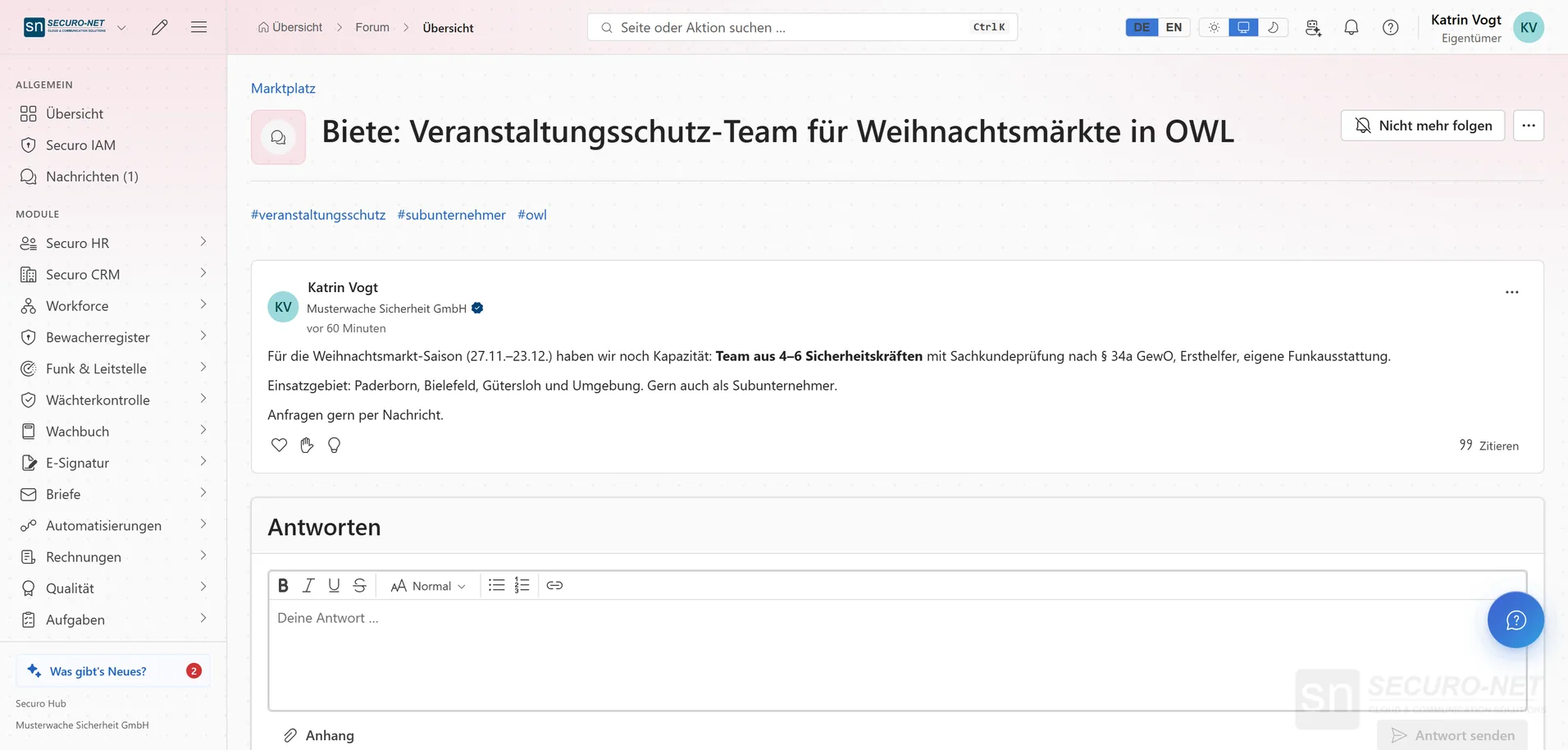 Marktplatz-Beitrag der Musterwache Sicherheit GmbH, die ein Veranstaltungsschutz-Team für Weihnachtsmärkte anbietet, mit Firmenname am Beitrag.