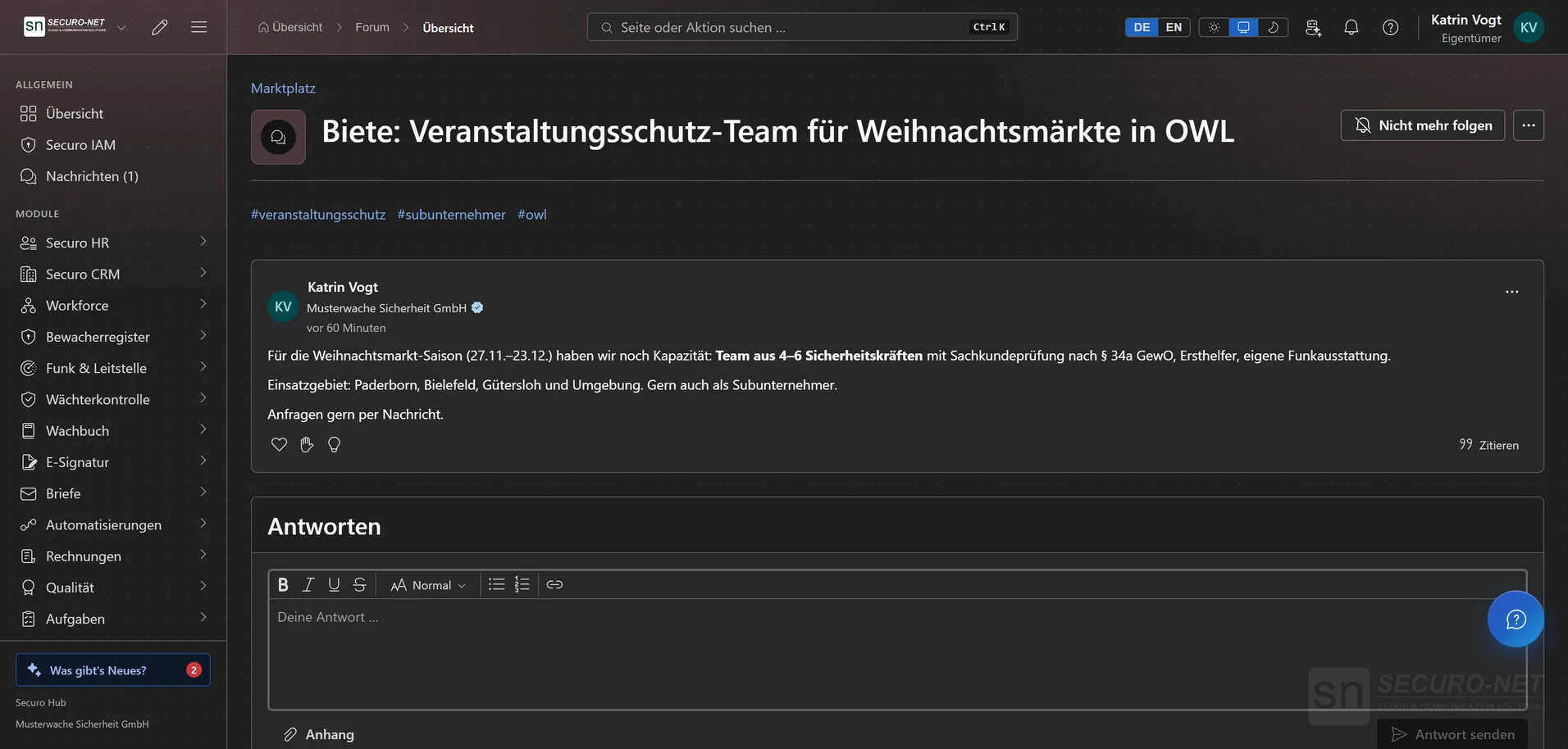 Marktplatz-Beitrag der Musterwache Sicherheit GmbH, die ein Veranstaltungsschutz-Team für Weihnachtsmärkte anbietet, mit Firmenname am Beitrag.