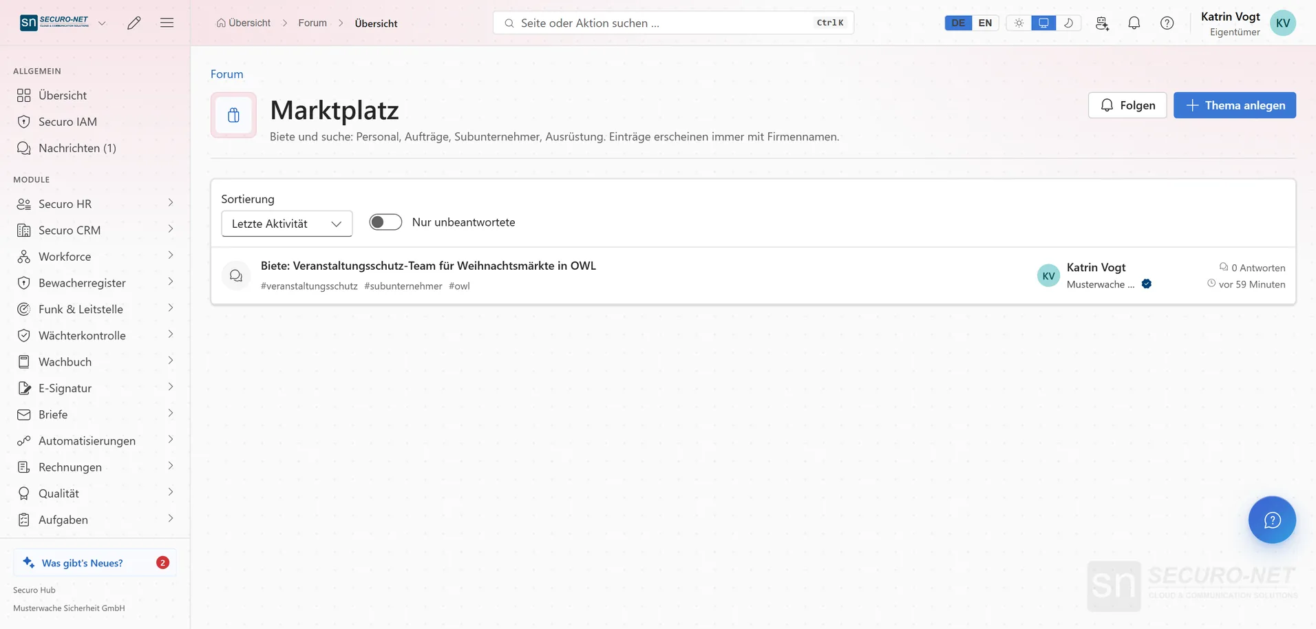 Forum „Marktplatz“ mit der Themenliste und dem Angebot der Musterwache.