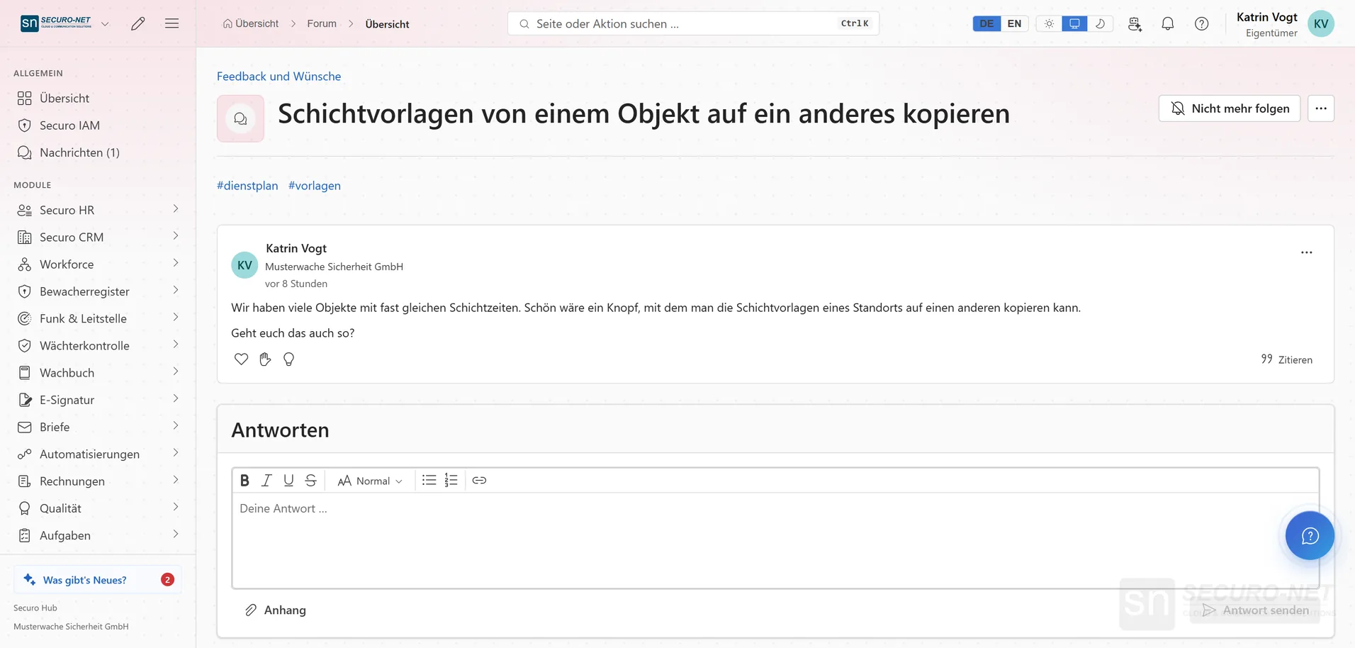Forumsthema „Schichtvorlagen von einem Objekt auf ein anderes kopieren“ mit Beitrag der Musterwache und Antwortfeld.