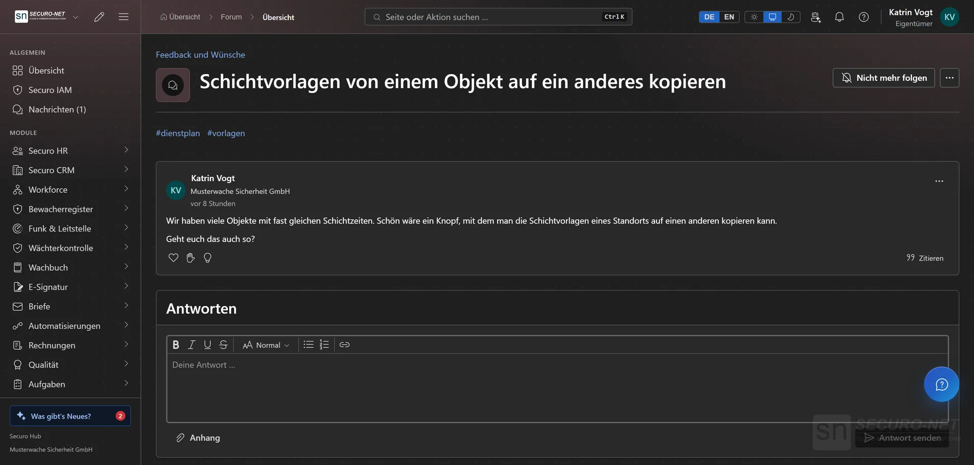 Forumsthema „Schichtvorlagen von einem Objekt auf ein anderes kopieren“ mit Beitrag der Musterwache und Antwortfeld.