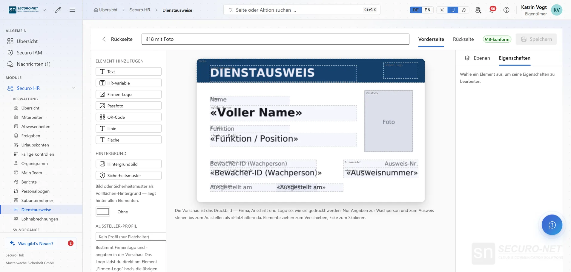 Editor einer Dienstausweis-Vorlage mit Kartenvorschau „Dienstausweis“ und Platzhaltern für Name, Funktion, Bewacher-ID, Ausweisnummer und Foto, links die Bausteine.