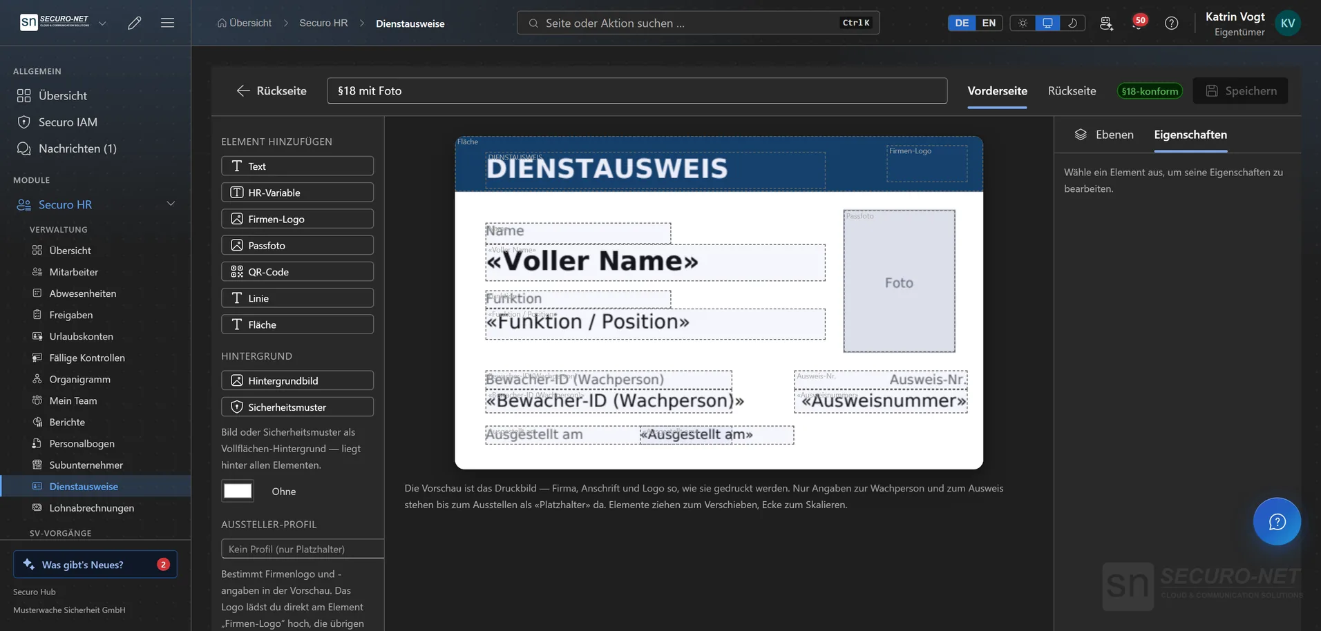 Editor einer Dienstausweis-Vorlage mit Kartenvorschau „Dienstausweis“ und Platzhaltern für Name, Funktion, Bewacher-ID, Ausweisnummer und Foto, links die Bausteine.