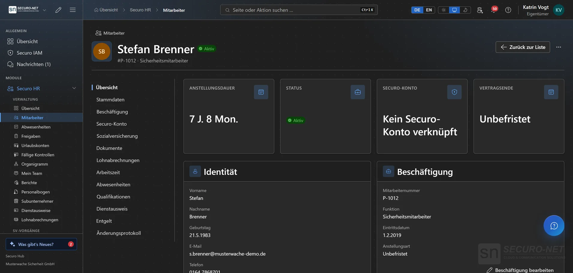 Personalakte von Stefan Brenner mit Kacheln zu Anstellungsdauer, Status, Securo-Konto und Vertragsende, darunter Identität und Beschäftigung, links die Reiter der Akte.