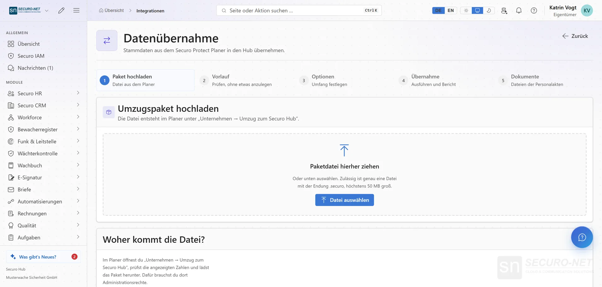 Seite zur Datenübernahme mit den Schritten der Übernahme.