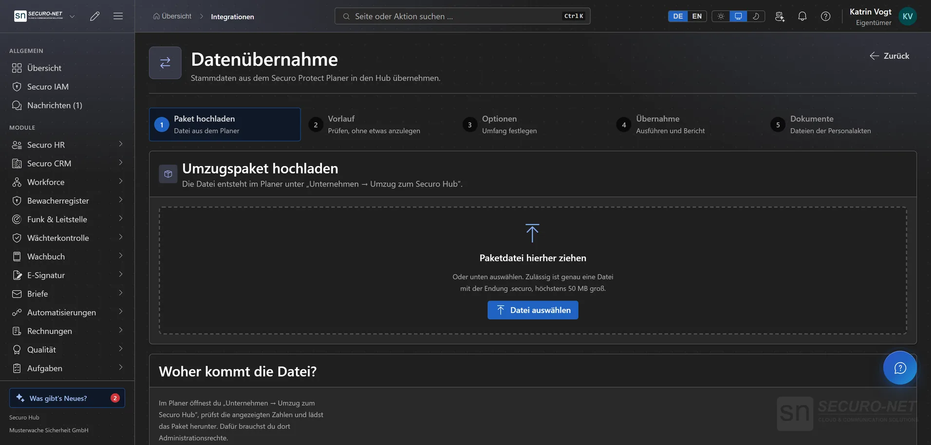 Seite zur Datenübernahme mit den Schritten der Übernahme.