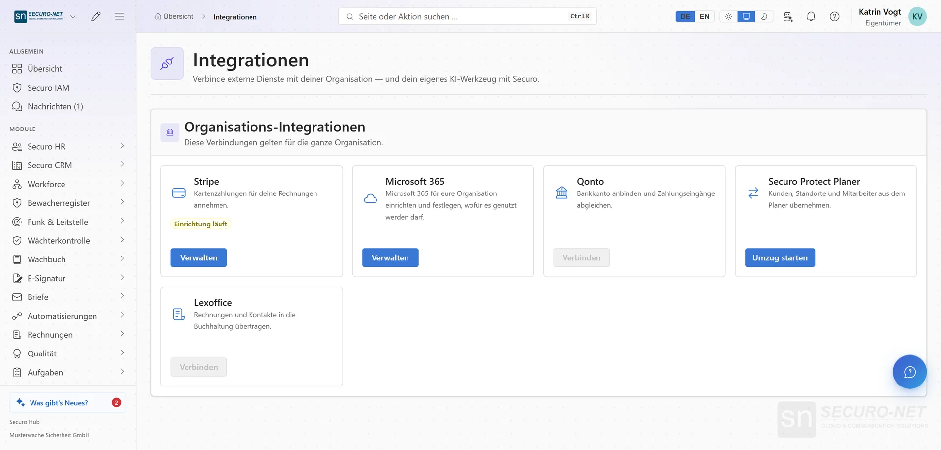 Integrationsübersicht mit Kacheln für Microsoft 365, Stripe und die Datenübernahme.