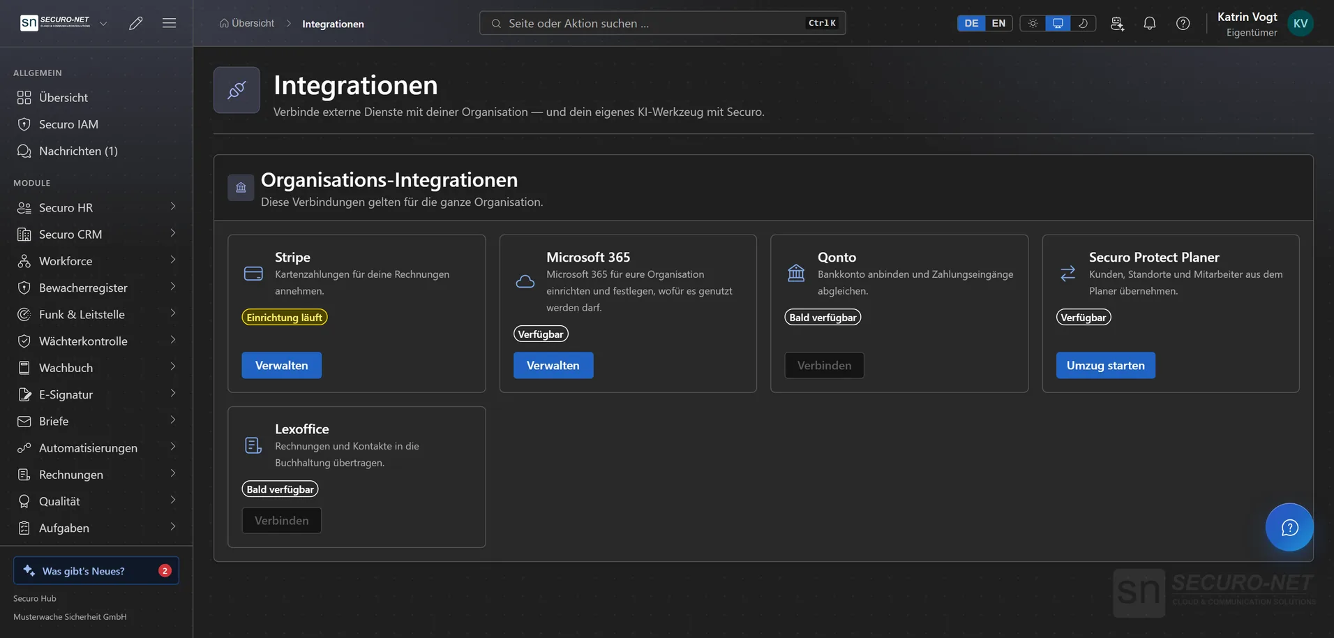 Integrationsübersicht mit Kacheln für Microsoft 365, Stripe und die Datenübernahme.