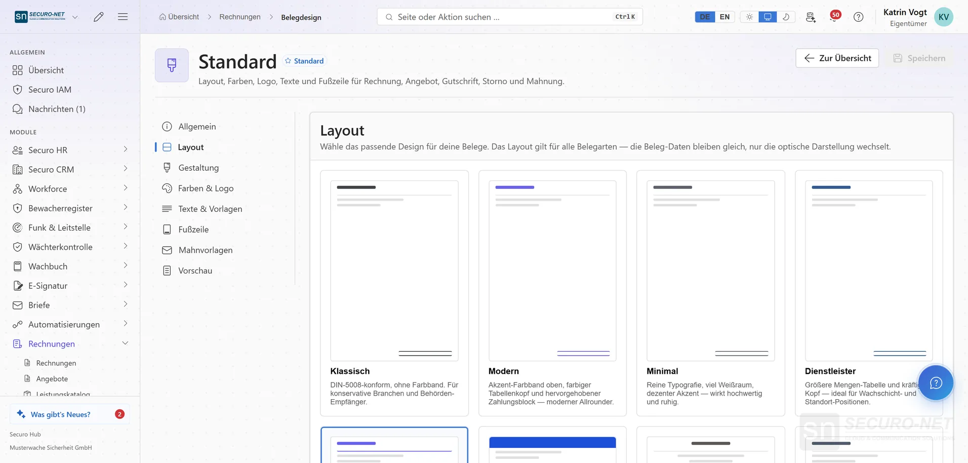 Belegdesign „Standard“ im Reiter „Layout“ mit Vorschaukarten der Layouts Klassisch, Modern, Minimal und Dienstleister.