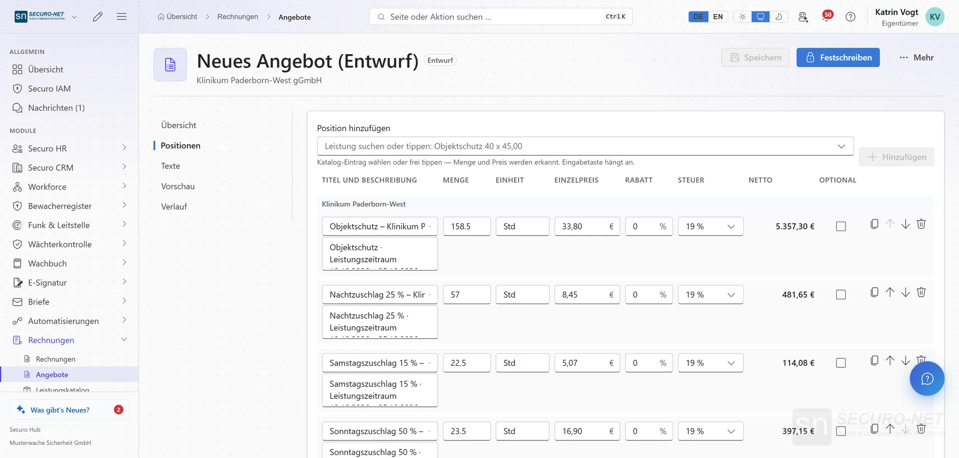 Angebotsentwurf für das Klinikum Paderborn-West im Reiter „Positionen“ mit Zeilen für Objektschutz, Nachtzuschlag 25 %, Samstagszuschlag 15 % und Sonntagszuschlag 50 %.