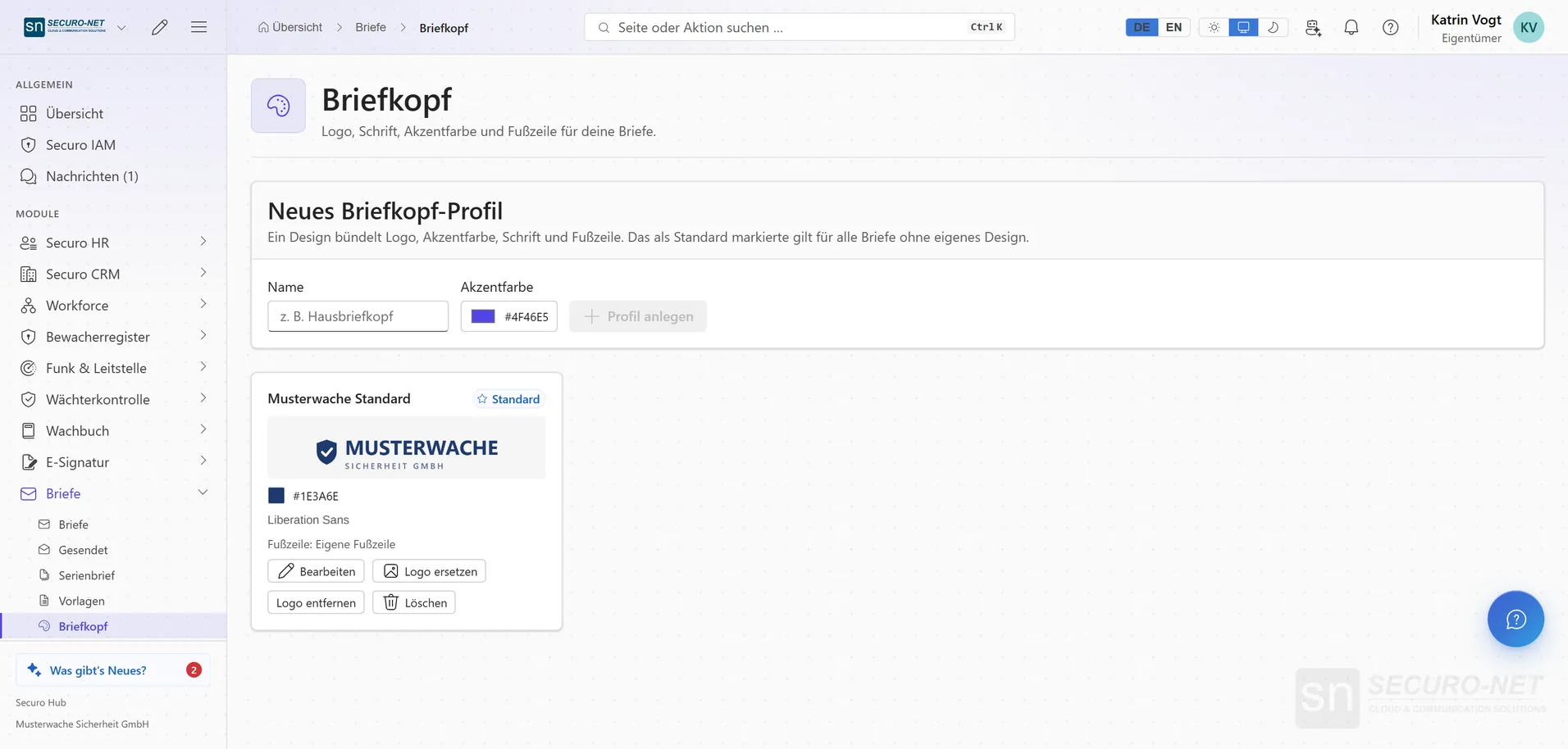 Seite „Briefkopf“ mit dem Profil „Musterwache Standard“, Logo-Vorschau und Einstellungen.