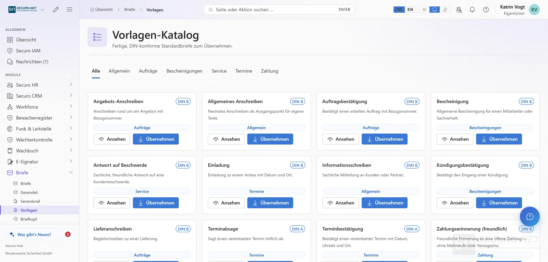 Vorlagen-Katalog mit Karten für Standardbriefe und Knöpfen zum Ansehen und Übernehmen.