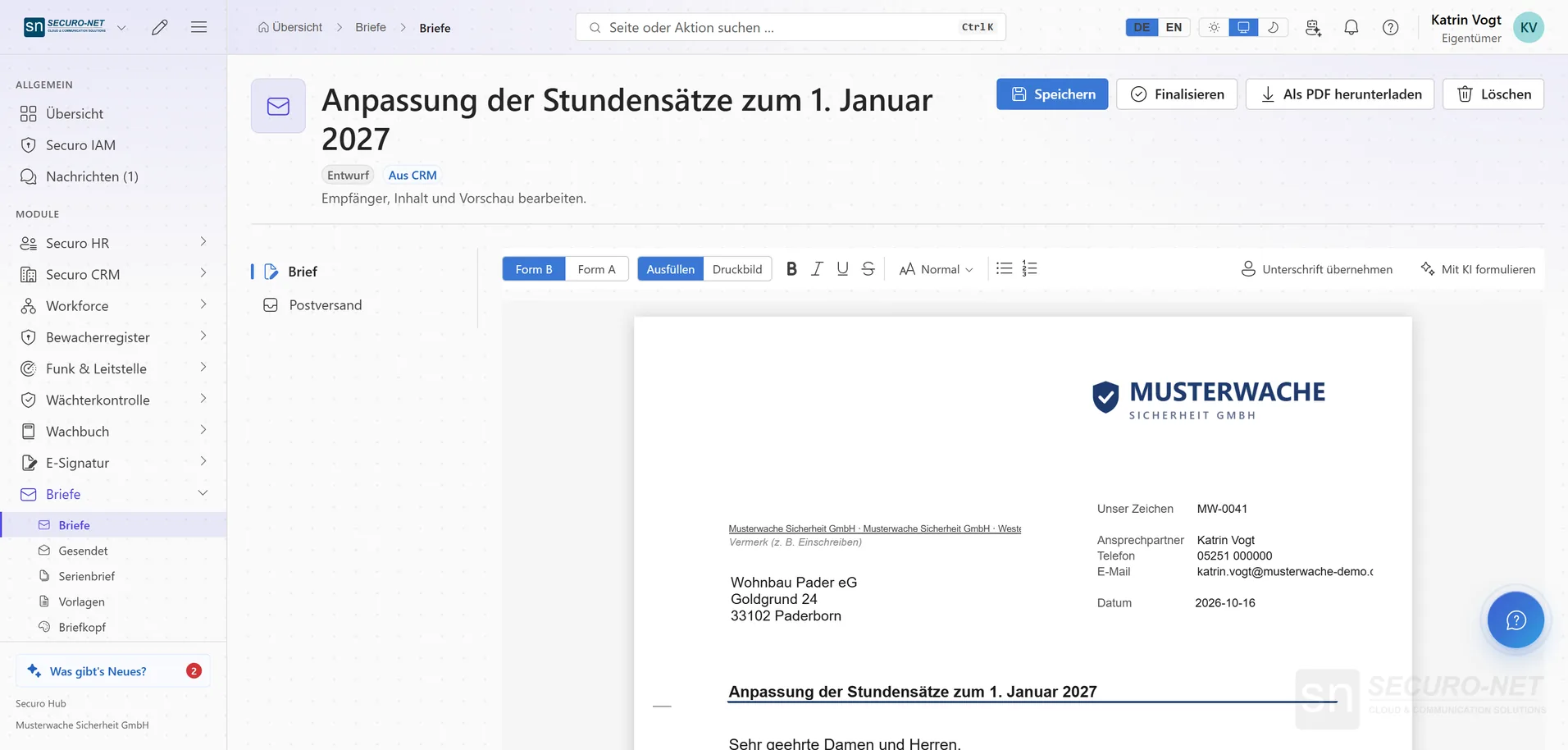 Brief-Editor mit DIN-Blatt, Logo der Musterwache, Anschrift eines Kunden und Betreff zur Anpassung der Stundensätze.