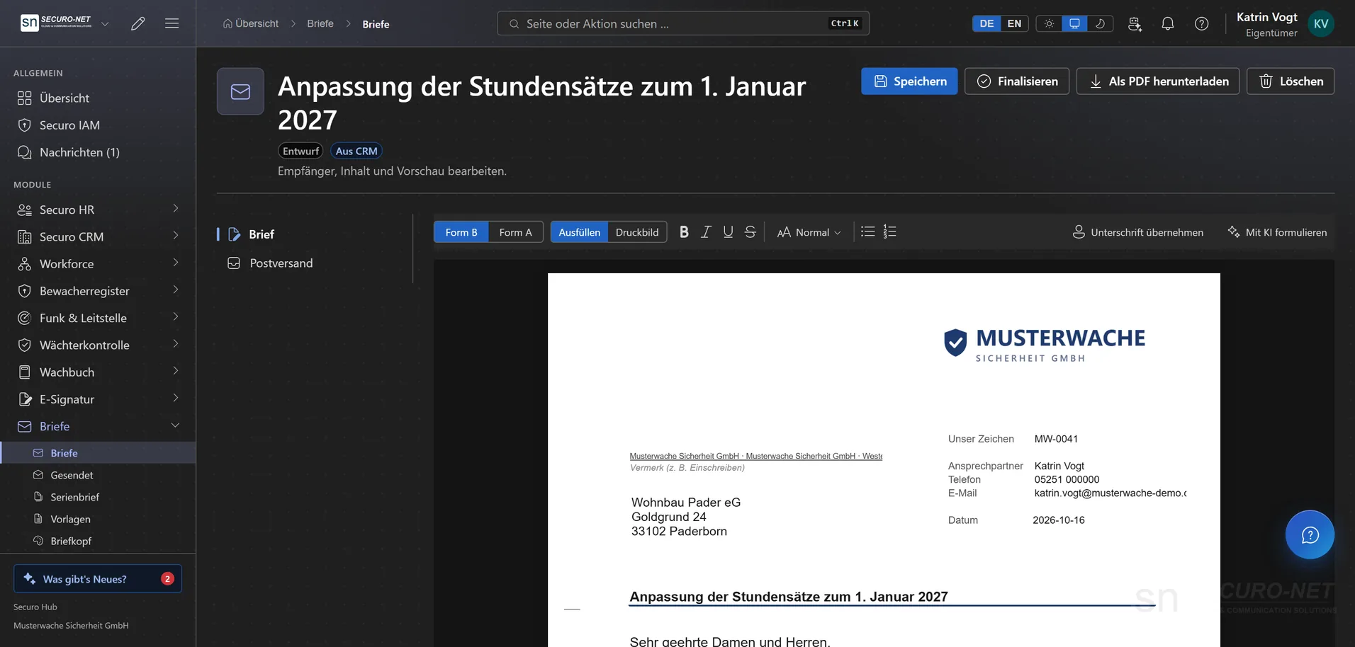 Brief-Editor mit DIN-Blatt, Logo der Musterwache, Anschrift eines Kunden und Betreff zur Anpassung der Stundensätze.