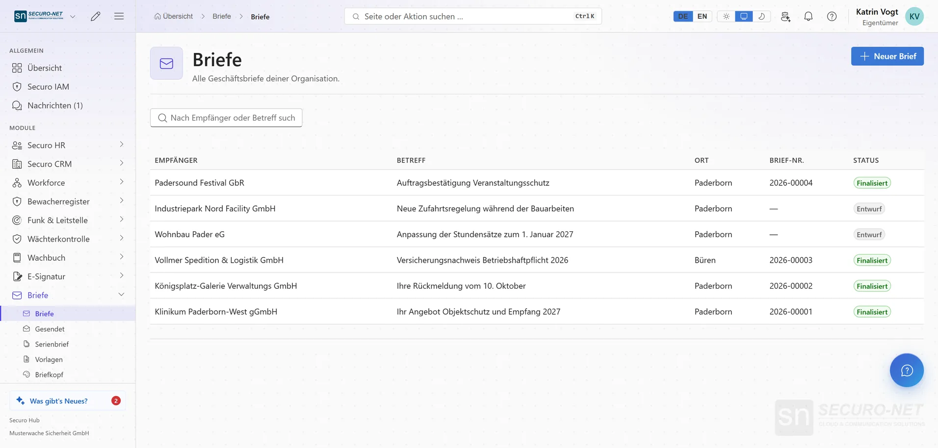 Briefliste mit Empfängern, Betreffen, Datum und Status Entwurf oder Finalisiert.