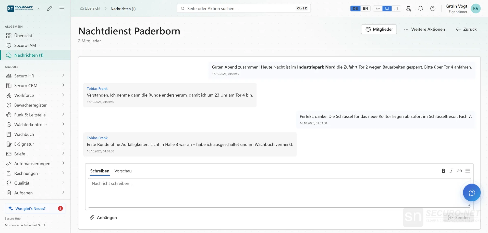 Gruppenunterhaltung „Nachtdienst Paderborn“ mit Nachrichten der Einsatzleitung und eines Wachmanns.