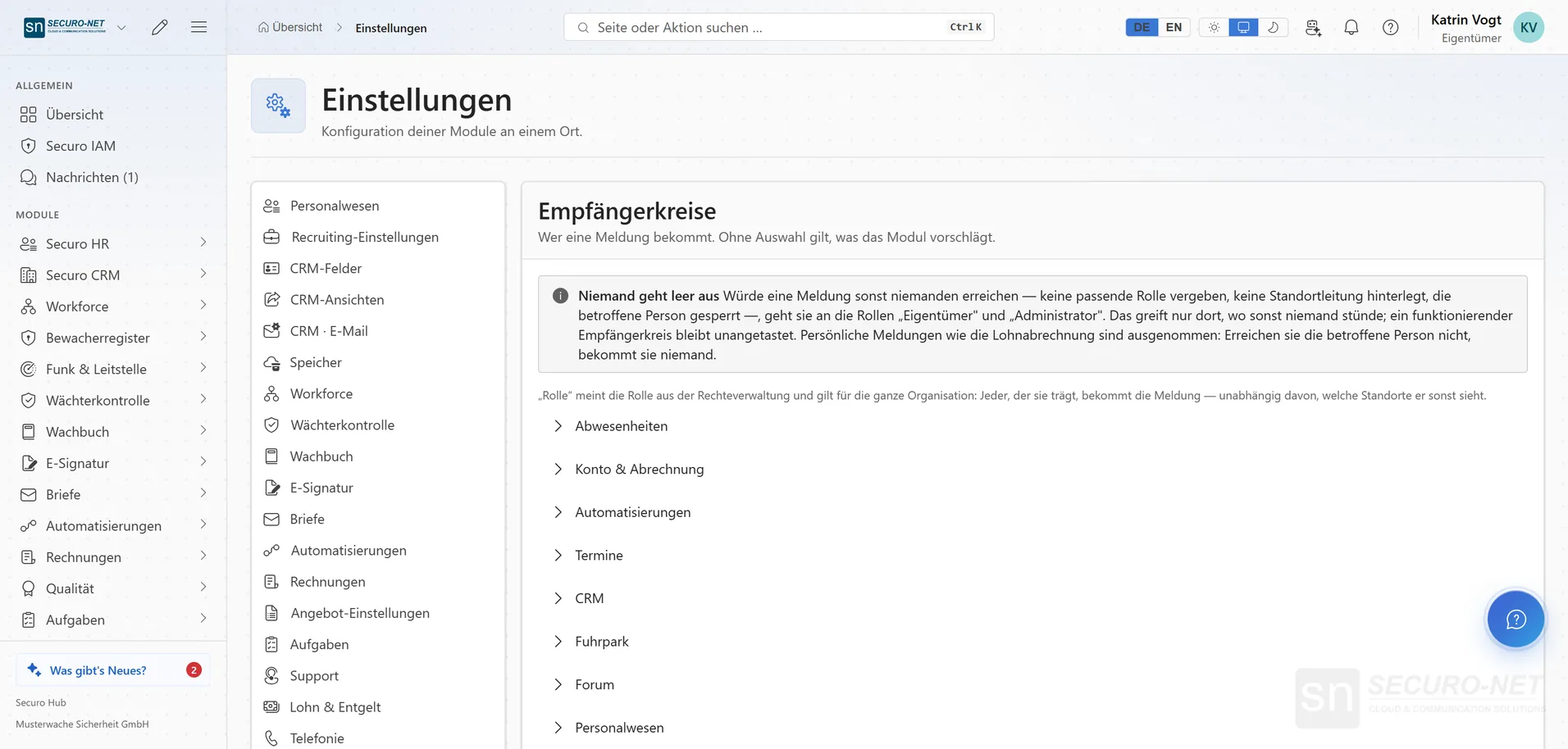 Organisationseinstellungen „Benachrichtigungen“ mit Empfängerkreisen je Meldungsart.