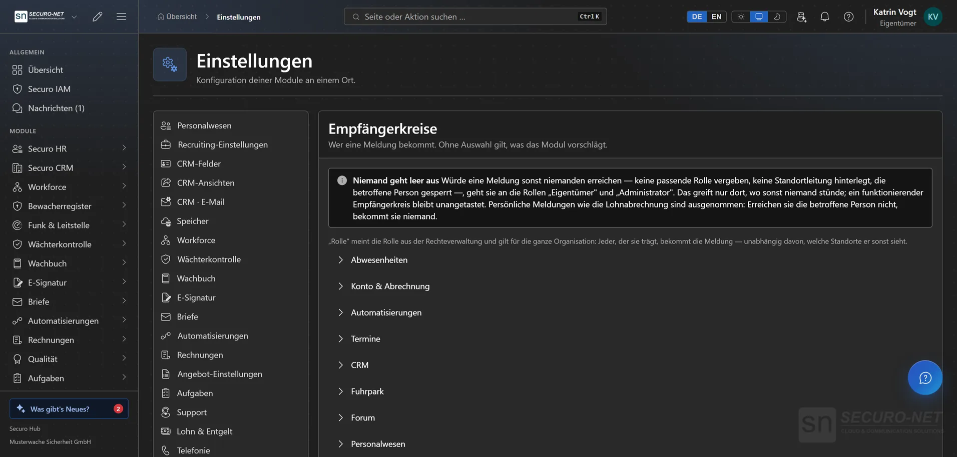 Organisationseinstellungen „Benachrichtigungen“ mit Empfängerkreisen je Meldungsart.