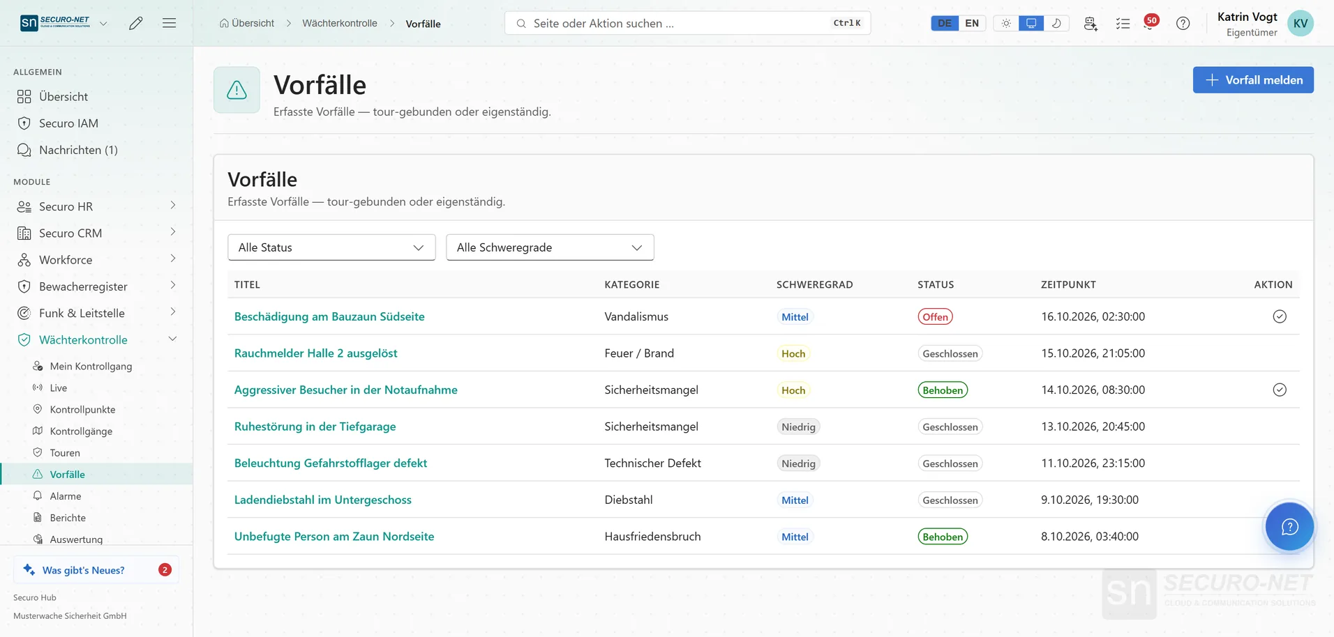 Vorfallliste mit Titel, Kategorie, Schweregrad, Status und Zeitpunkt, oben Filter nach Status und Schweregrad.