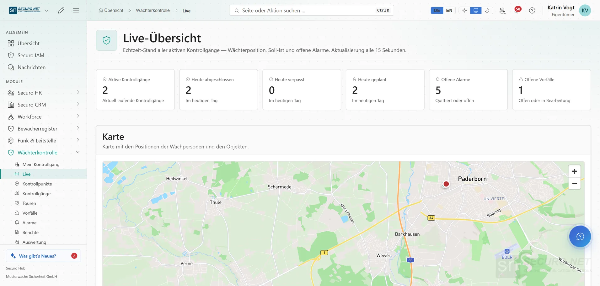 Live-Übersicht der Wächterkontrolle in der Nacht mit Kennzahlen: 2 aktive Kontrollgänge, 2 heute abgeschlossen, 0 verpasst, offene Alarme und Vorfälle, darunter die Karte.