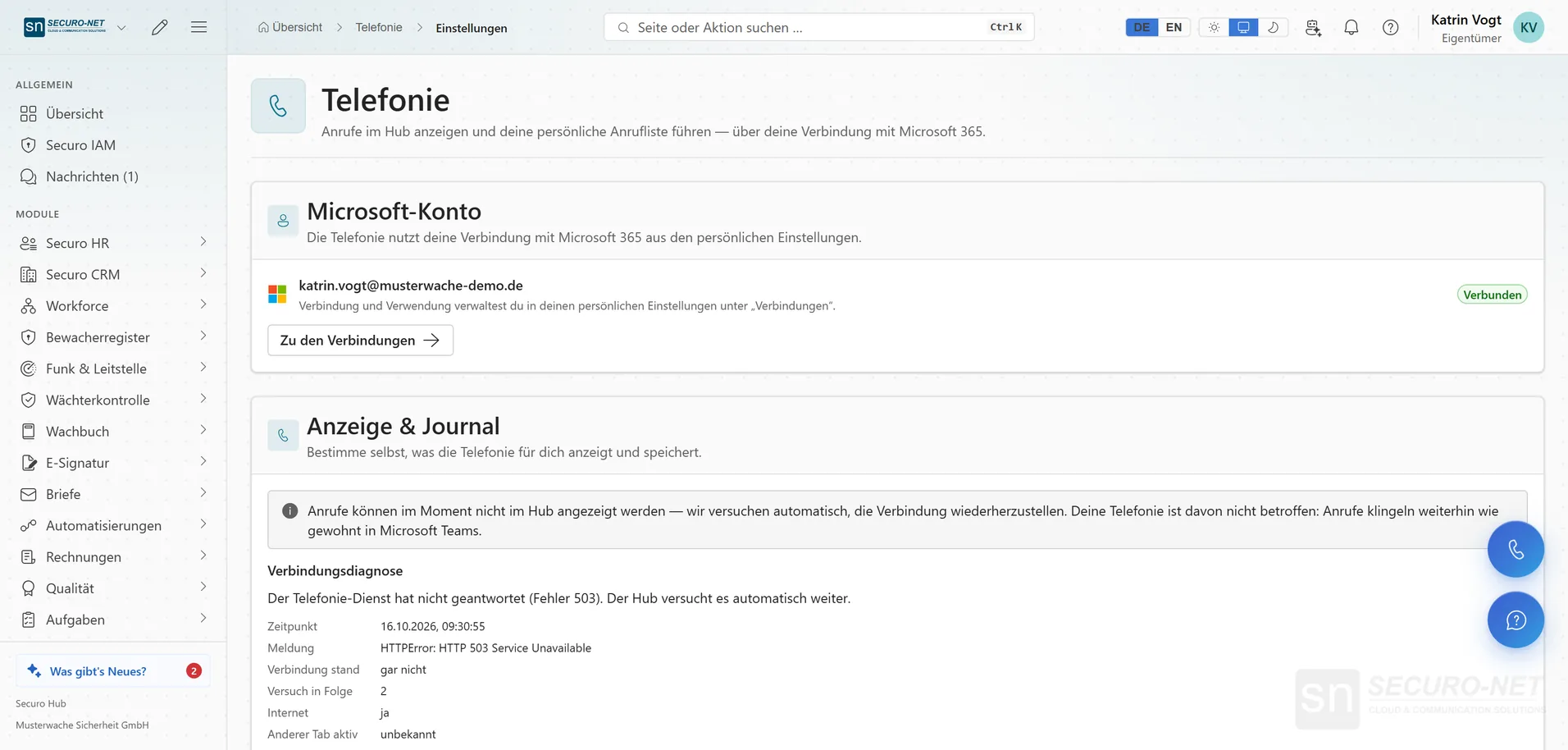 Persönliche Telefonie-Einstellungen mit verbundenem Microsoft-Konto und Schaltern für Anruf-Karte und Anrufliste (Beispieldaten).