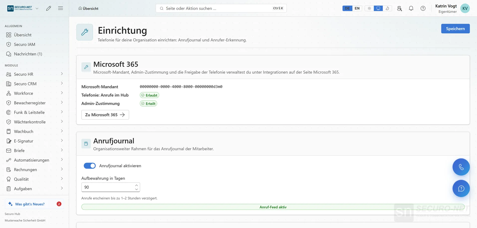 Einrichtungsseite der Telefonie mit Quellen für die Anrufer-Erkennung und Aufbewahrung der Anrufliste (Beispieldaten).