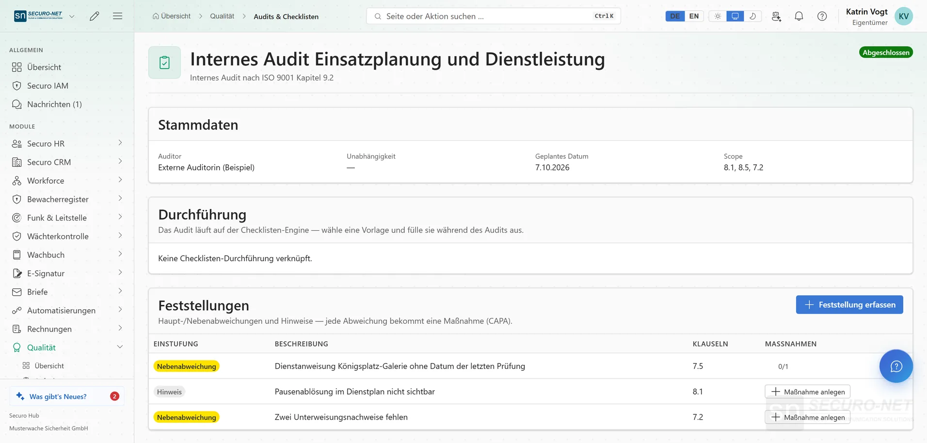 Abgeschlossenes internes Audit mit Stammdaten und Feststellungen samt Einstufung.
