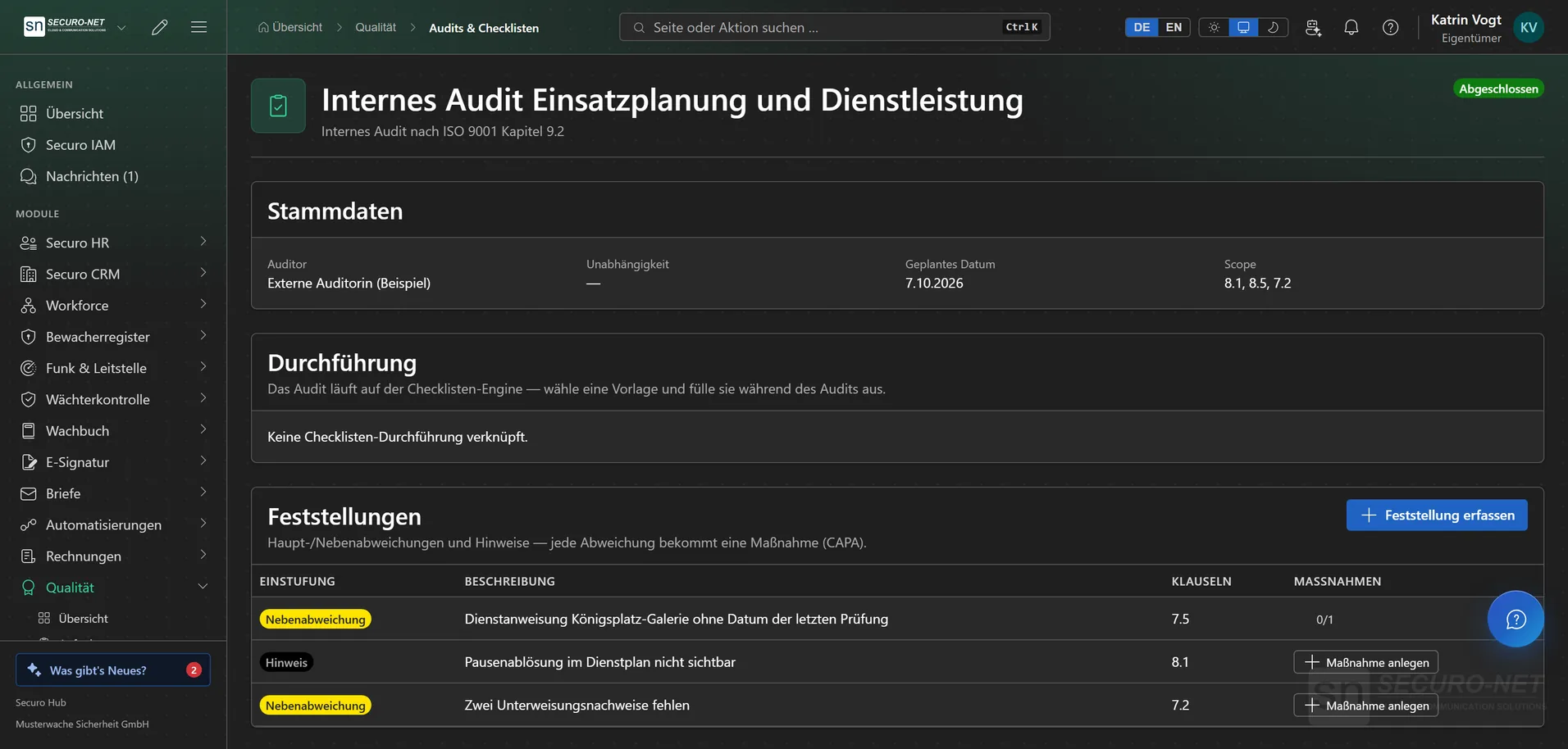 Abgeschlossenes internes Audit mit Stammdaten und Feststellungen samt Einstufung.