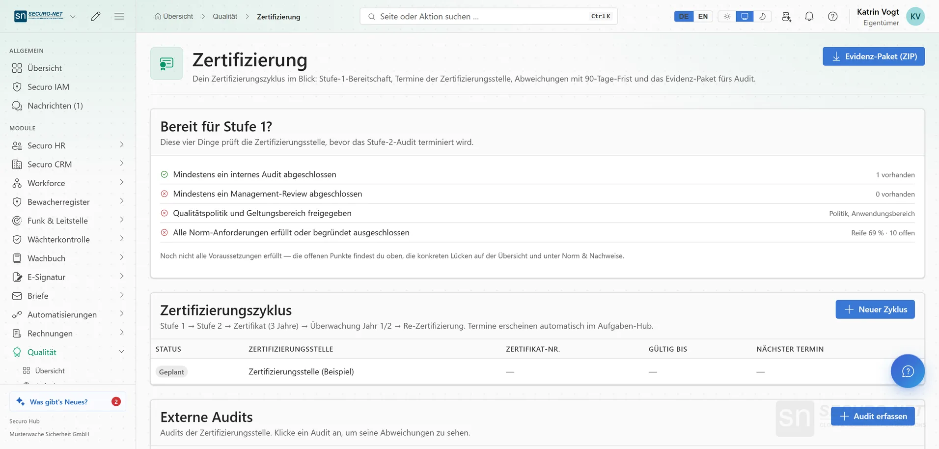 Seite „Zertifizierung“ mit Gate-Check für Stufe 1, geplantem Zertifizierungszyklus und externen Audits.
