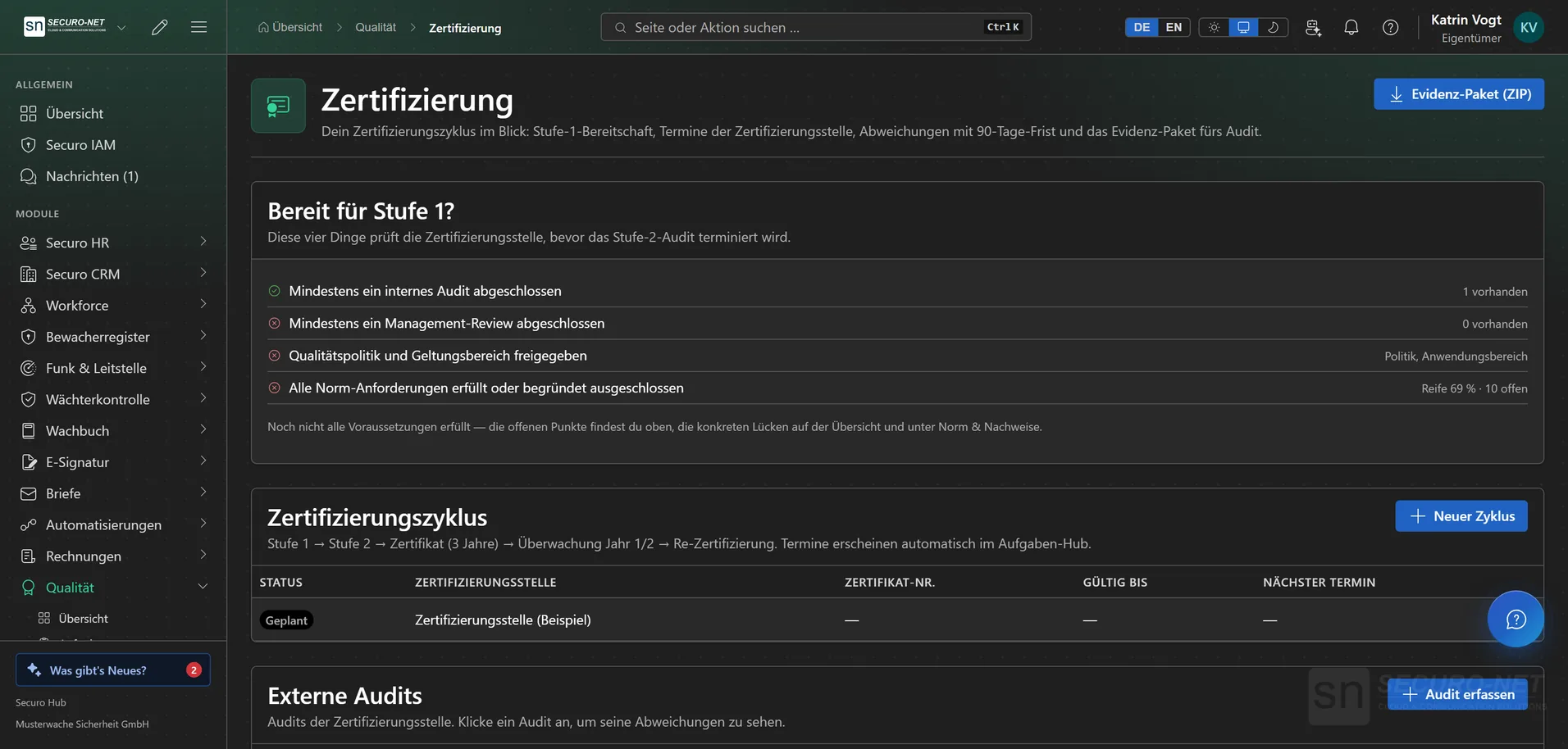 Seite „Zertifizierung“ mit Gate-Check für Stufe 1, geplantem Zertifizierungszyklus und externen Audits.