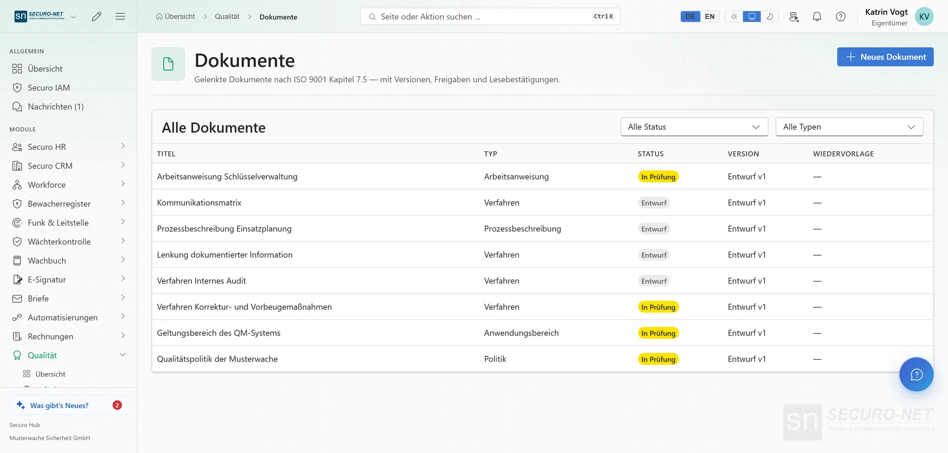 Dokumentenliste mit Qualitätspolitik, Verfahren und Arbeitsanweisungen im Status Entwurf oder In Prüfung.