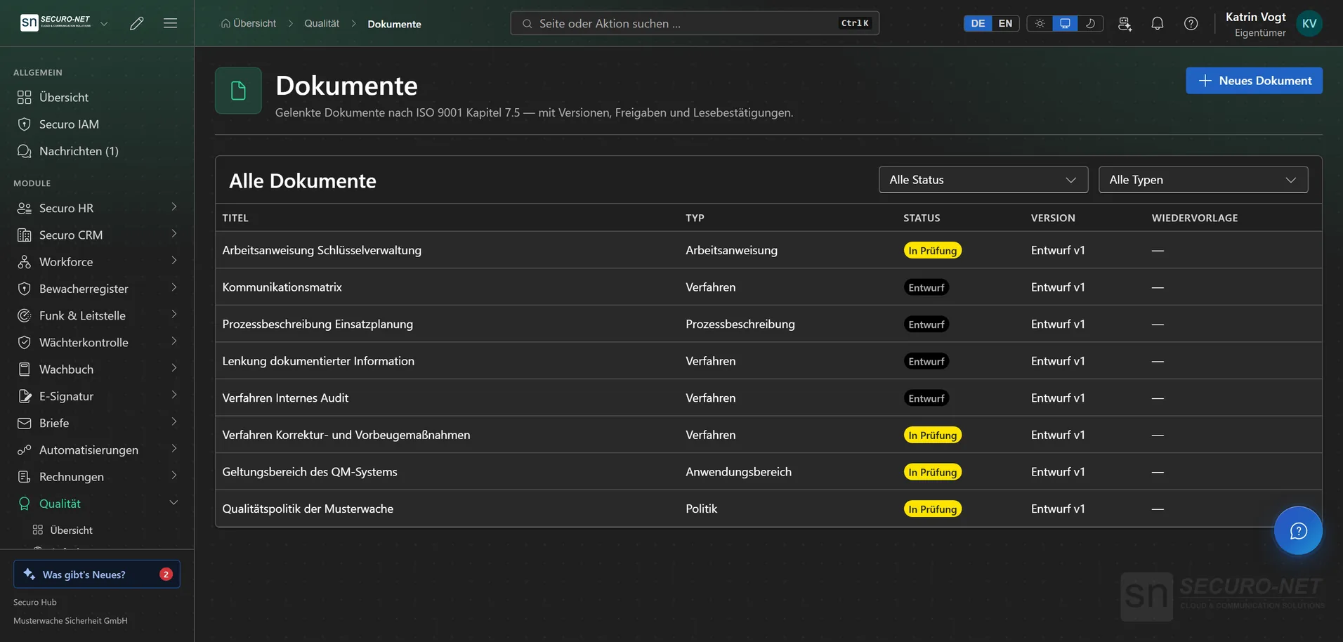 Dokumentenliste mit Qualitätspolitik, Verfahren und Arbeitsanweisungen im Status Entwurf oder In Prüfung.