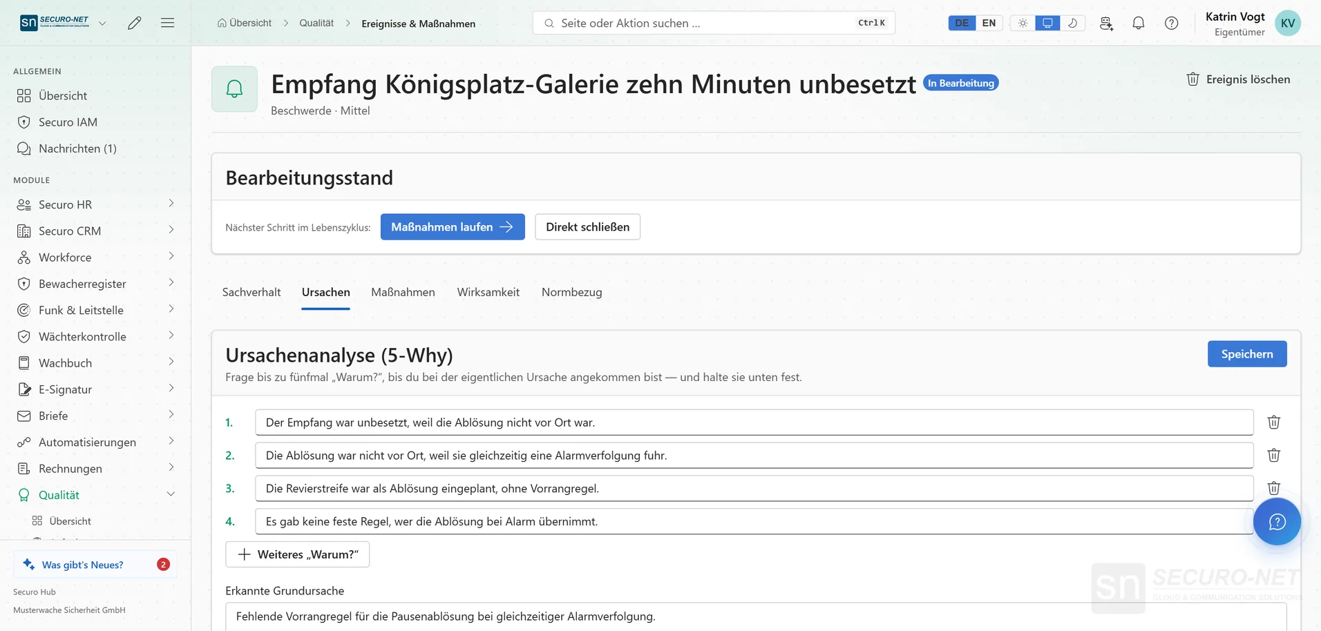 Beschwerde „Empfang Königsplatz-Galerie zehn Minuten unbesetzt“ im Reiter Ursachen mit 5-Why-Kette und Grundursache.