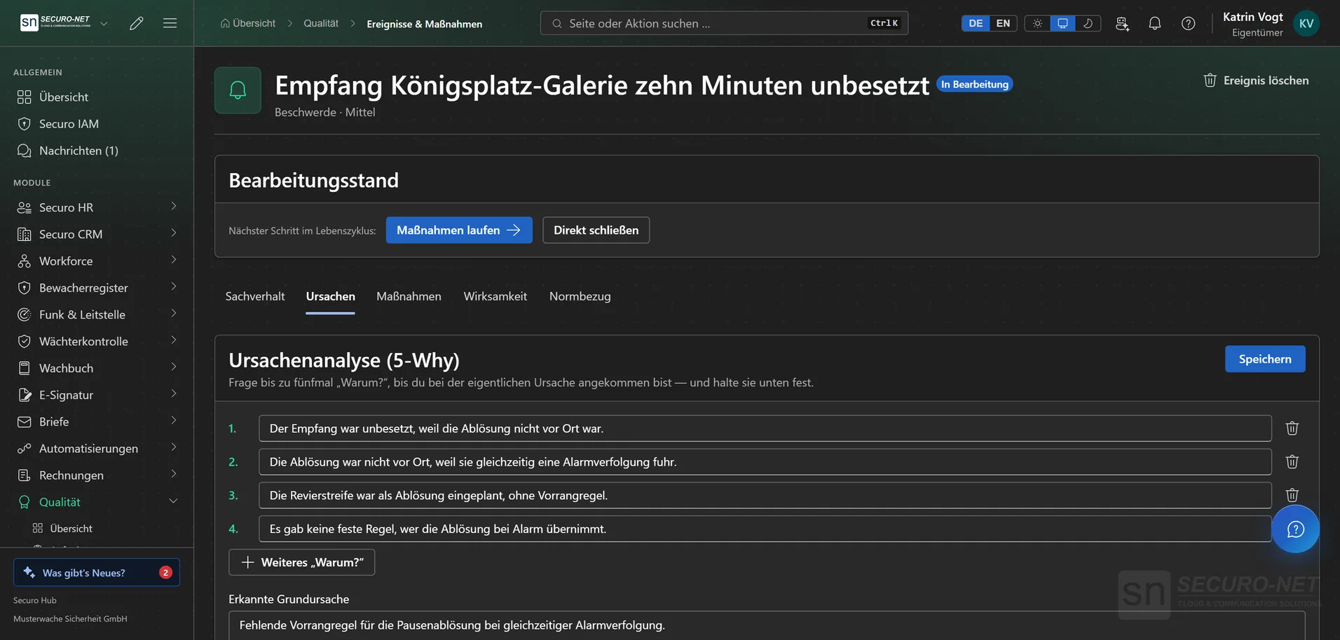Beschwerde „Empfang Königsplatz-Galerie zehn Minuten unbesetzt“ im Reiter Ursachen mit 5-Why-Kette und Grundursache.