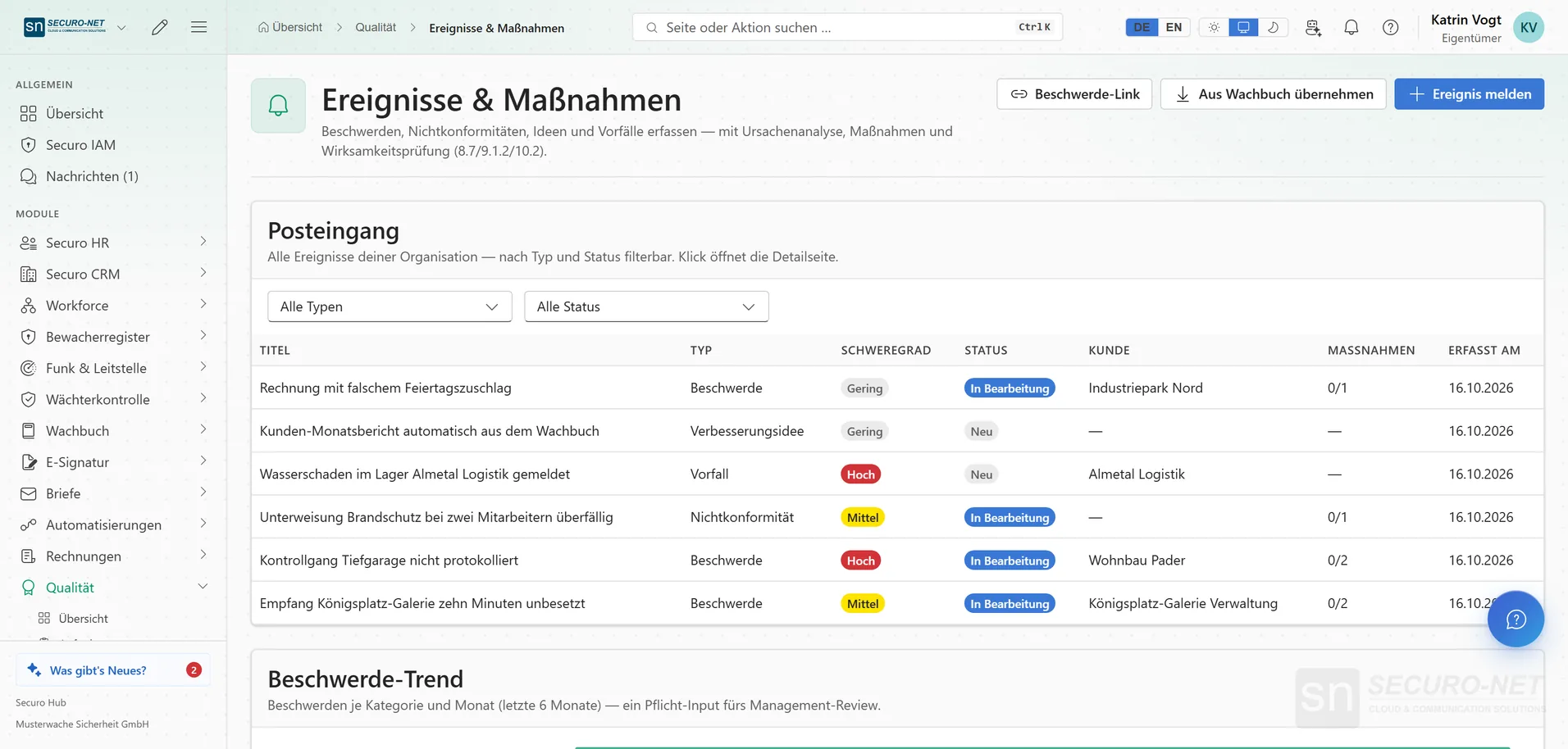Posteingang „Ereignisse & Maßnahmen“ mit Beschwerden, einer Nichtkonformität, einem Vorfall und einer Idee samt Status.