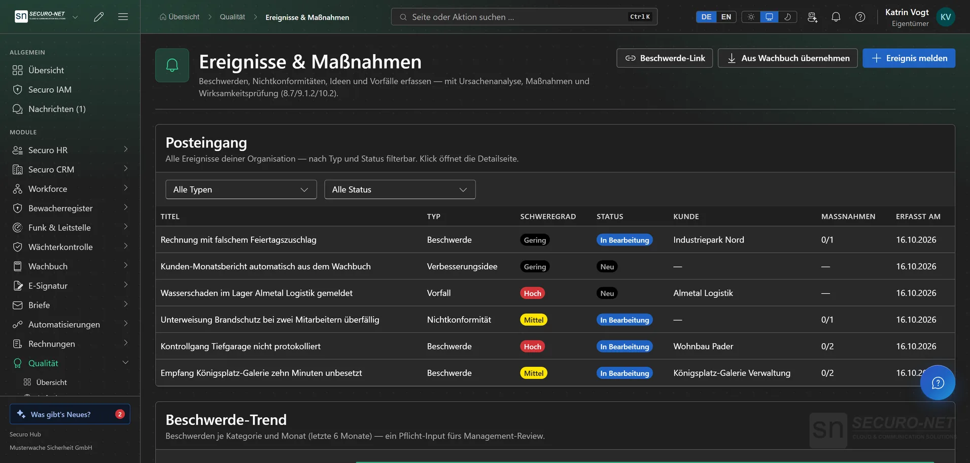 Posteingang „Ereignisse & Maßnahmen“ mit Beschwerden, einer Nichtkonformität, einem Vorfall und einer Idee samt Status.