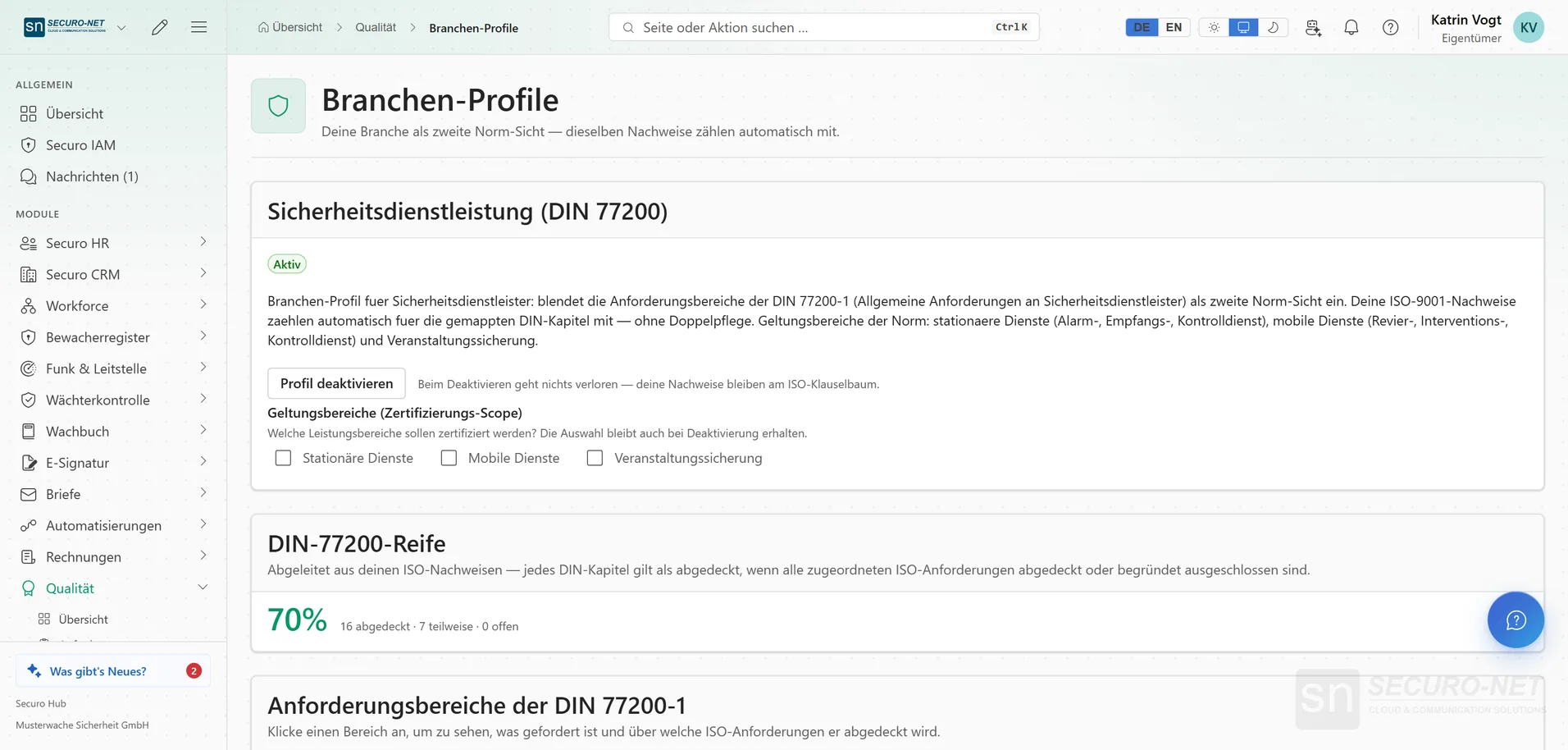 Seite „Branchen-Profile“ mit aktivem Profil Sicherheitsdienstleistung (DIN 77200) und dessen Reifegrad.